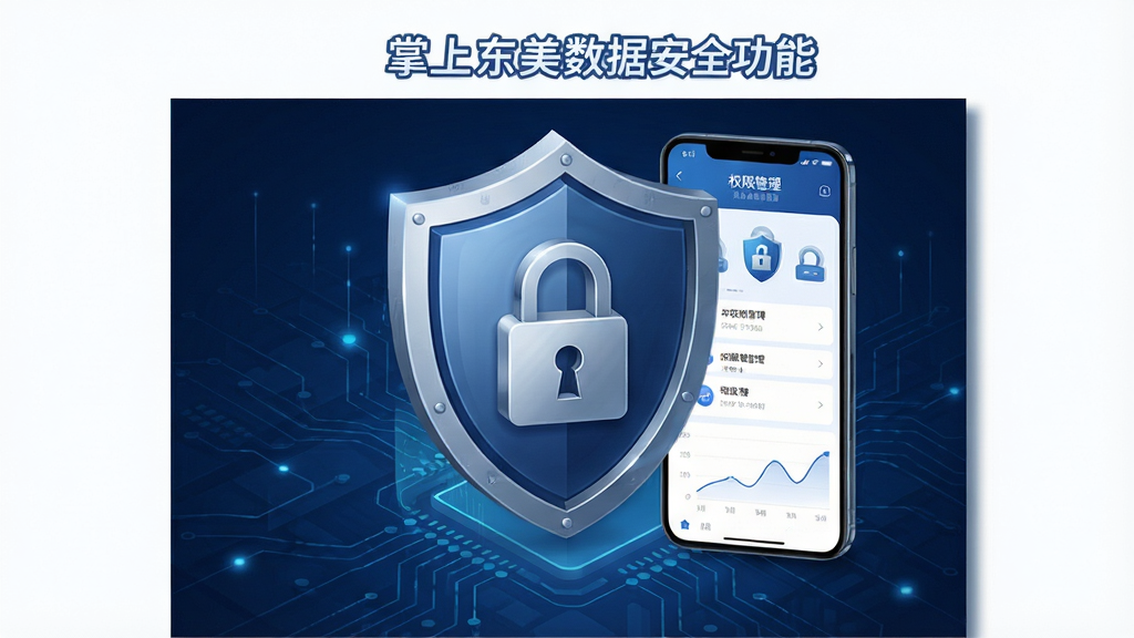 一张展示掌上东美数据安全功能的示意图,画面以盾牌和锁为核心元素,手机屏幕显示权限管理界面,背景为深蓝色科技感纹理,风格稳重专业,画质高清,干净无多余元素