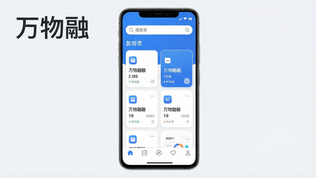 一张展示万物融软件主界面的高清预览图,主体为一部竖屏安卓手机,屏幕内呈现万物融APP的首页布局,包含顶部搜索栏、中部功能卡片区与底部导航栏;布局居中,排版干净整齐;风格为现代简约科技风,浅色背景搭配蓝色点缀;细节上突出卡片圆角、图标清晰、文字排版规整;画质为高清渲染,干净无多余元素,画面中文字标注“万物融”