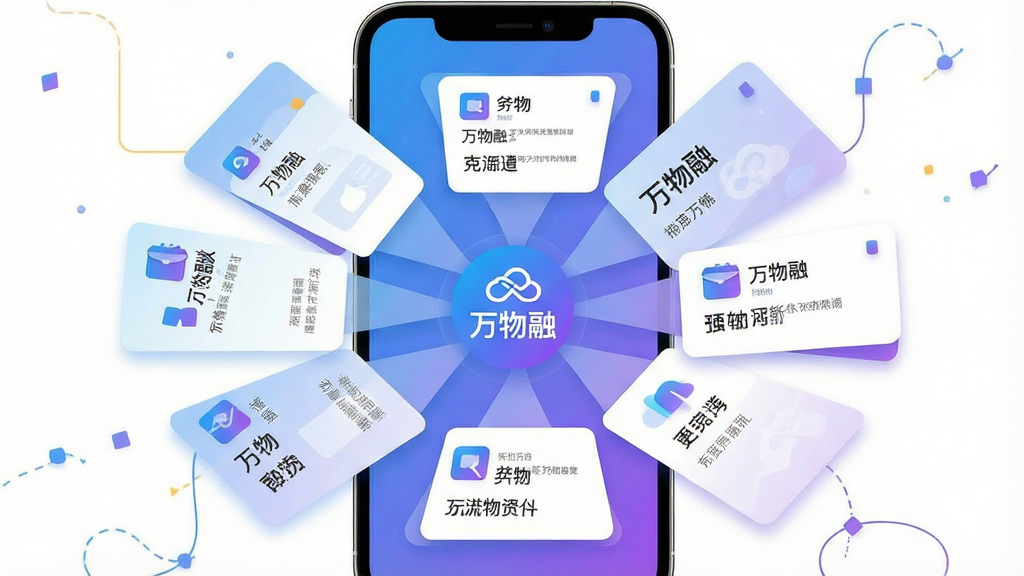 一张展示万物融多源信息聚合功能的场景图,主体为手机屏幕内多个信息卡片汇聚到中央的视觉效果,布局采用放射状构图,排版层次分明;风格为扁平化插画风,蓝紫渐变色调;细节上每个卡片带有小图标与文字标签,中央显示“万物融”聚合标识;画质高清,干净无多余元素