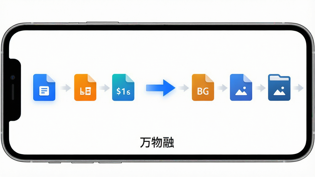 一张展示万物融智能格式转换功能的界面图,主体为手机屏幕内文件格式图标从左向右转换的箭头示意,布局横向排列,排版简洁;风格为轻科技感UI风格,白色背景搭配蓝色高亮;细节上显示常见文档与图片格式图标,底部标注“万物融”字样;画质清晰,干净无多余元素