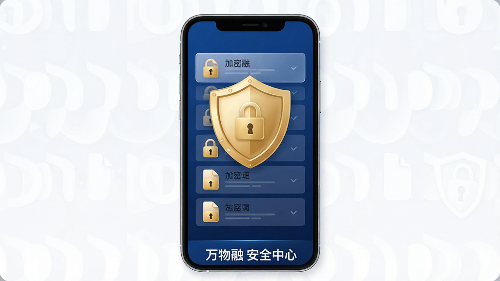 一张展示万物融本地安全存储功能的示意图,主体为手机屏幕内盾牌图标与加密文件列表,布局居中对称,排版稳重;风格为安全科技风,深蓝背景搭配金色盾牌;细节上文件条目带有锁形标识,底部显示“万物融”安全中心;画质高清,干净无多余元素
