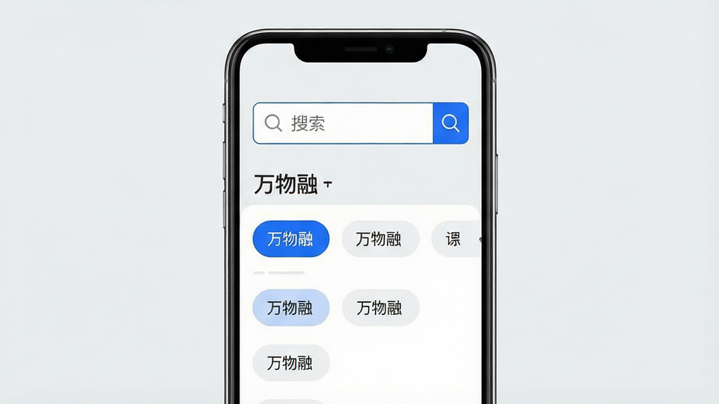 一张展示万物融内容快速检索功能的手机界面图,主体为搜索框与下方筛选标签列表,布局上下结构,排版规整;风格为清爽极简风,浅灰背景搭配蓝色按钮;细节上搜索框内显示放大镜图标,标签带有选中状态,画面中标注“万物融”;画质高清,干净无多余元素