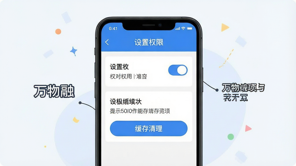 一张展示万物融使用指南的示意图,主体为手机屏幕内显示设置权限与优化选项的界面,布局上下分区,排版清晰;风格为扁平化教学插图风,浅色背景搭配蓝色高亮;细节上包含权限开关、缓存清理按钮与提示文字,画面中标注“万物融”;画质高清,干净无多余元素
