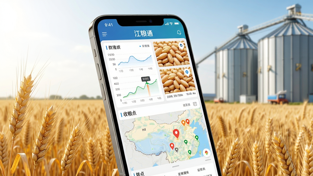 一幅展示“江粮通”手机应用界面的场景图,主体为一部竖屏智能手机,屏幕内显示粮食行情数据看板与收粮点地图标记,背景为金色麦田与现代化粮仓,布局采用居中构图,手机略微倾斜展示,风格为写实科技感,细节包含清晰的数字图表、饱满的粮食颗粒纹理,画面干净明亮,画质为高清8K,无多余元素。