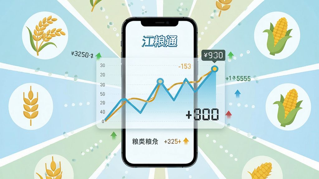 一幅表现“江粮通”实时粮价功能的画面,主体为手机屏幕中央悬浮着动态折线图与粮食价格数字,周围环绕稻穗、小麦、玉米等作物图标,布局采用中心放射状,风格为扁平化信息图,细节包含清晰的价格标签与涨跌箭头,画质高清,画面干净整洁,无多余元素。