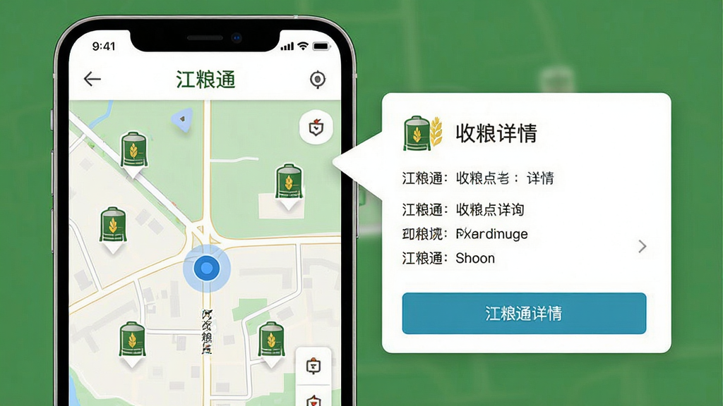 一幅展示“江粮通”收粮点查询功能的画面,主体为手机地图界面,地图上分布多个粮仓图标标记,一侧弹出收粮点详情卡片,布局为左图右文,风格为现代简约地图风,细节包含道路线条、定位光标、粮仓图标,画质高清,画面干净无杂乱。