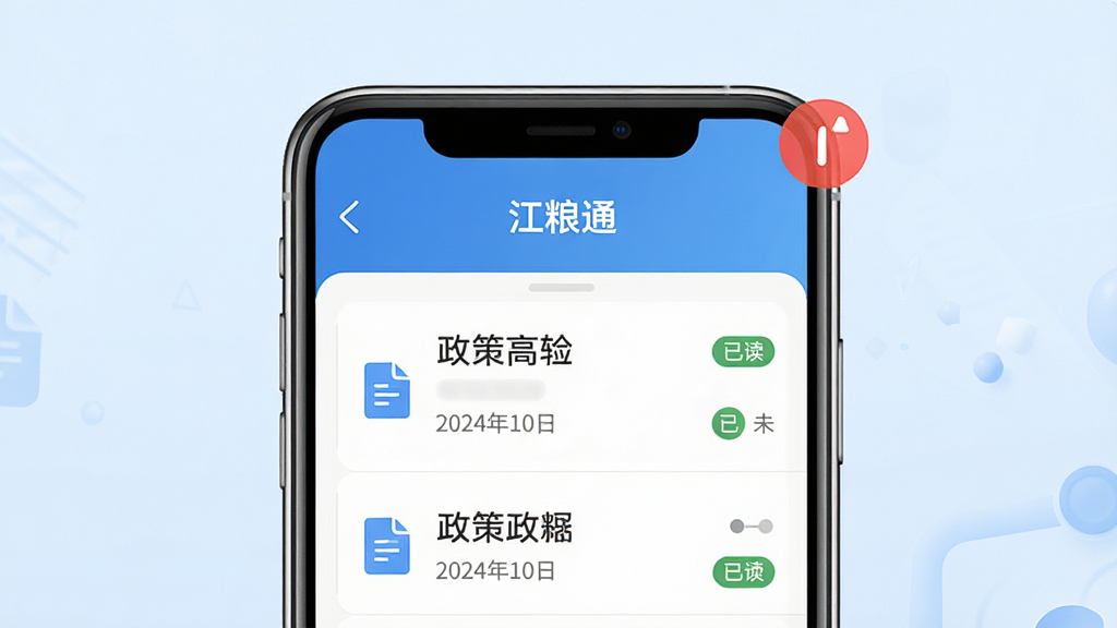 一幅表现“江粮通”政策公告推送功能的画面,主体为手机屏幕显示公告列表与红色通知角标,背景为淡蓝色渐变,布局采用上下结构,风格为清爽商务风,细节包含文件图标、日期标签、已读未读状态,画质高清,画面干净无多余元素。