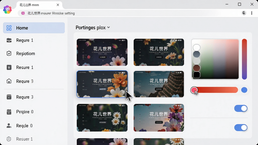 画面展示花儿世界浏览器的设置界面,左侧为功能菜单列表,右侧为个性化选项面板,面板中有多种主题皮肤缩略图、颜色选择器和开关按钮,界面风格为现代扁平化设计,背景为浅灰色,布局为左右分栏,细节包括鼠标指针悬停在主题缩略图上,画质4K超清,干净无多余元素