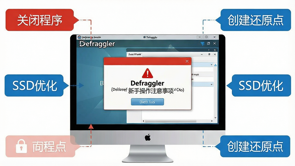 一张展示Defraggler新手操作注意事项的示意图,主体为电脑屏幕与警告提示框,布局中央为软件界面,四周环绕红色与蓝色提示标签,排版清晰,风格为信息图表风,细节包括“关闭程序”“SSD优化”“创建还原点”等文字,画质清晰,干净,无多余元素