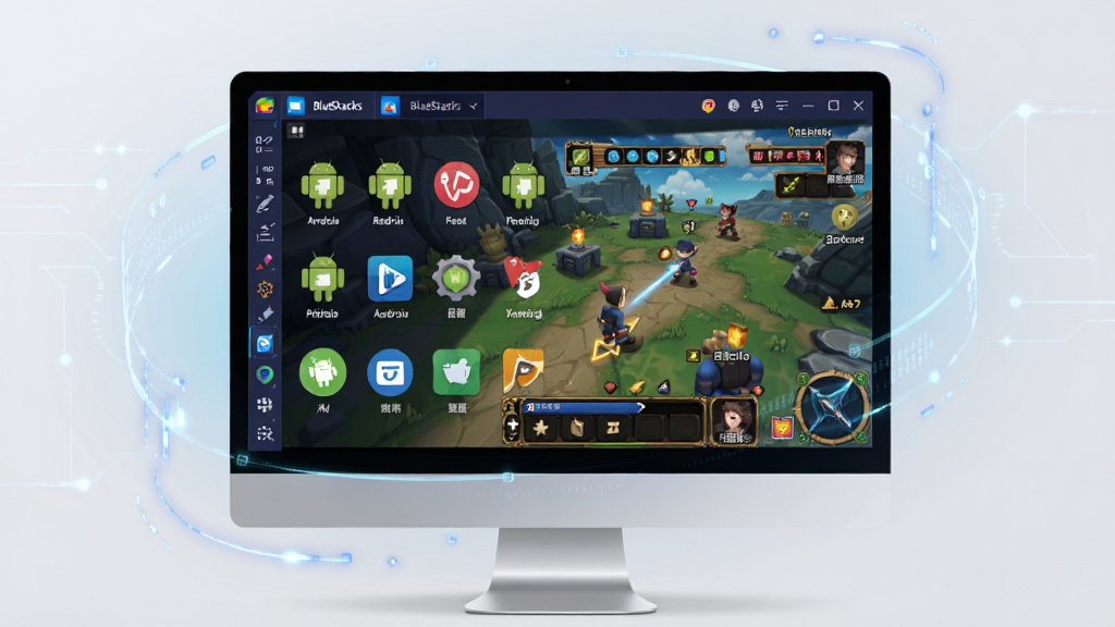 一张展示蓝叠(BlueStacks)软件界面的全景图,主体为电脑屏幕上运行着多个安卓应用图标和游戏画面的模拟器窗口,布局采用居中构图,电脑屏幕占据画面核心位置,周围环绕着淡淡的科技感光效,风格为现代简约的数码产品展示风,细节包括模拟器侧边栏的工具栏、清晰的图标文字、流畅的窗口边缘,画质为4K高清,干净整洁,无多余元素