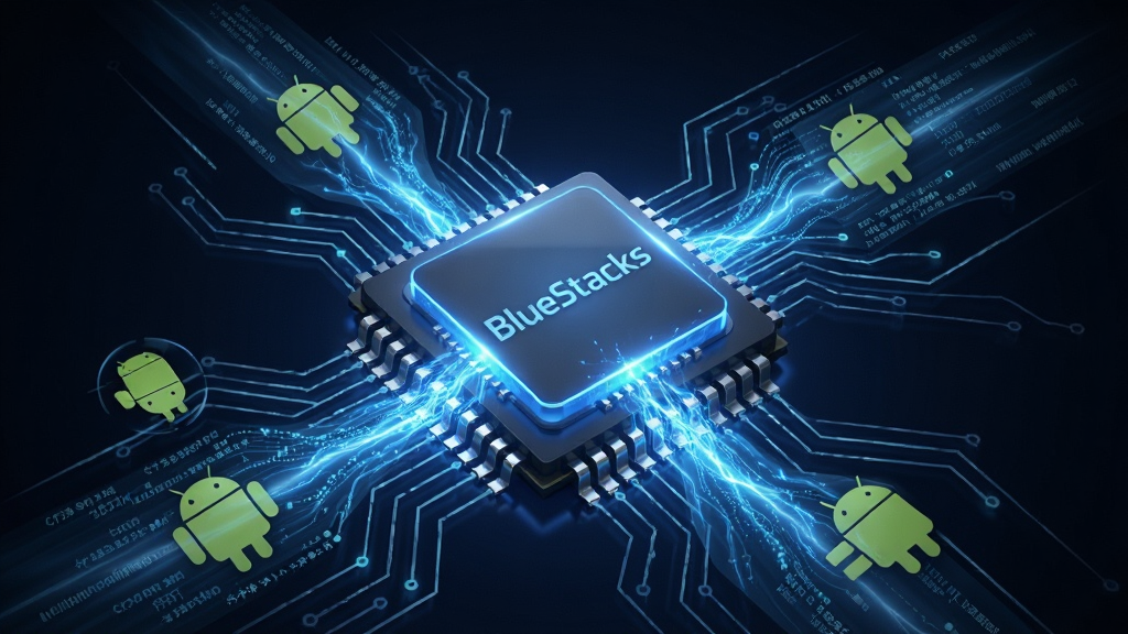 一张展示蓝叠(BlueStacks)性能引擎概念的科技插图,主体为一个发光的芯片与显卡图形,布局采用中心向外辐射的构图,芯片位于画面正中央,周围环绕着数据流与安卓机器人图标,风格为充满未来感的硬核科技风,细节包括芯片上的