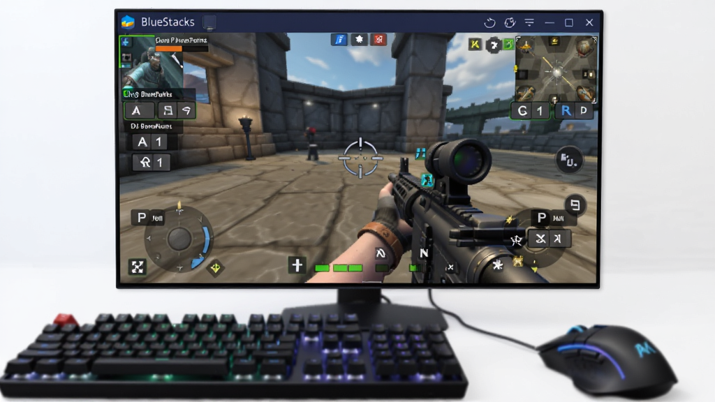 一张展示蓝叠(BlueStacks)键鼠映射功能的游戏场景图,主体为玩家正在使用键盘鼠标操控屏幕中的射击游戏角色,布局采用第一人称视角的屏幕截图风格,屏幕边缘显示着半透明的按键映射提示图标,风格为电竞游戏宣传风,细节包括