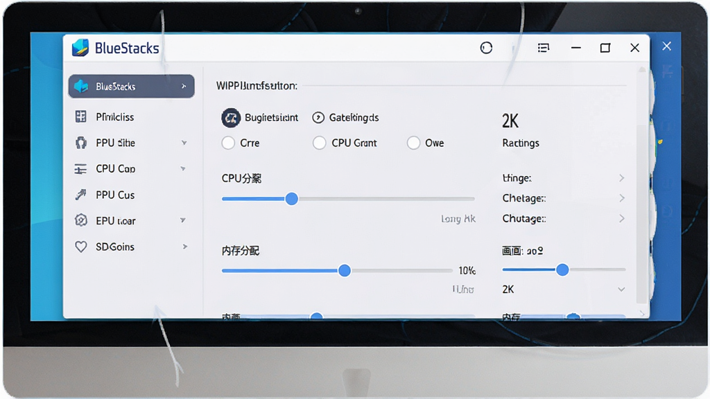 一张展示蓝叠(BlueStacks)设置界面的操作指引图,主体为电脑屏幕上的模拟器设置菜单,布局采用左侧菜单栏与右侧详细参数面板的经典布局,风格为清爽的扁平化UI设计风,细节包括