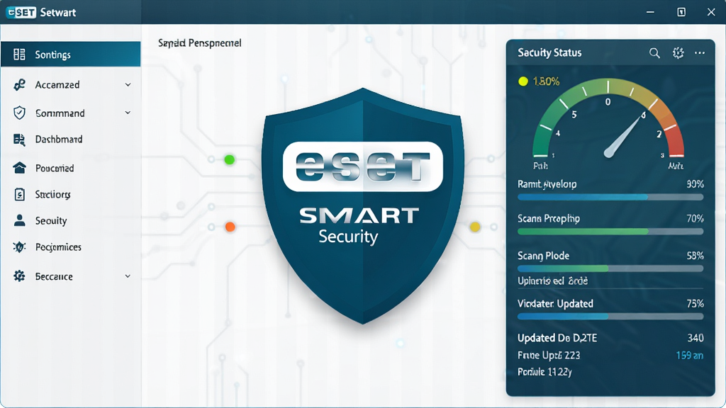 ESET Smart Security ����������ȫ��չʾ������Ϊ������־�Ե�����ɫ����ͼ�������ڽ������룬���ֲ������ҷ����ṹ�����Ϊ���ܵ����˵����Ҳ�Ϊ��ȫ״̬�Ǳ��̣��Ű������������Ϊ�ִ��Ƽ��б�ƽ����ƣ�ϸ�ڰ���ʵʱ����״ָ̬ʾ�ơ�ɨ���������������������ڵ�Ԫ�أ����ʸ��壬����ɾ����޶���Ԫ��