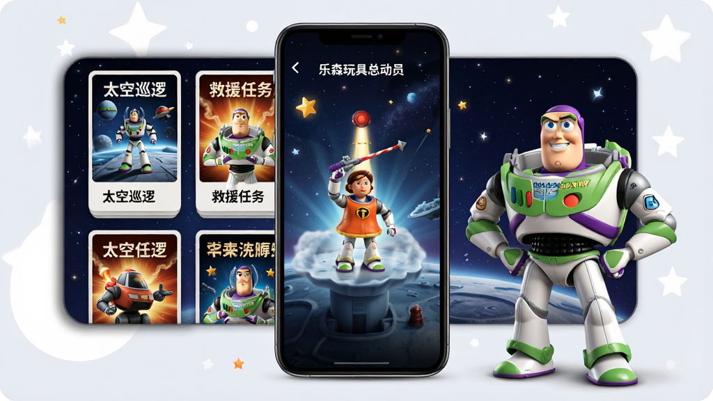 画面展示“乐森玩具总动员巴斯”应用的情景故事选择界面,屏幕上排列着多个电影海报风格的卡片,如“太空巡逻”、“救援任务”等。巴斯光年玩具站在手机旁,摆出准备出发的姿势。布局为网格状卡片排列,手机居中。风格为电影海报风,细节包括卡片的立体阴影、玩具的动态姿势、背景的星空点缀。画质精美,干净整洁,无多余元素。