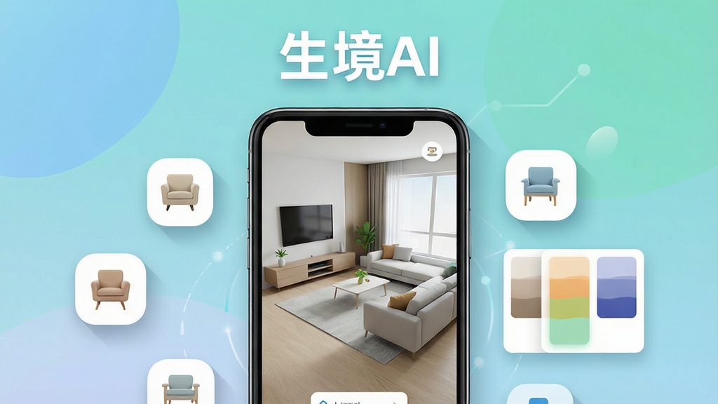 生境AI软件主界面展示,画面中央是手机屏幕,屏幕内显示现代简约风格的客厅3D渲染图,周围环绕着家具图标和色彩色板,布局采用居中构图,排版上方为软件名称“生境AI”文字标识,风格为科技感扁平化设计,细节包含柔和的阴影和渐变背景,画质高清,干净,无多余元素