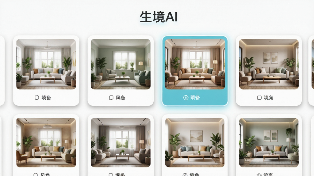 生境AI风格模板库界面,画面展示多个风格卡片横向排列,每张卡片上印有对应风格的房间效果图,布局为网格状排列,排版上方有“生境AI”软件名称,风格为清新明亮,细节包含卡片阴影和选中高亮效果,画质高清,干净,无多余元素