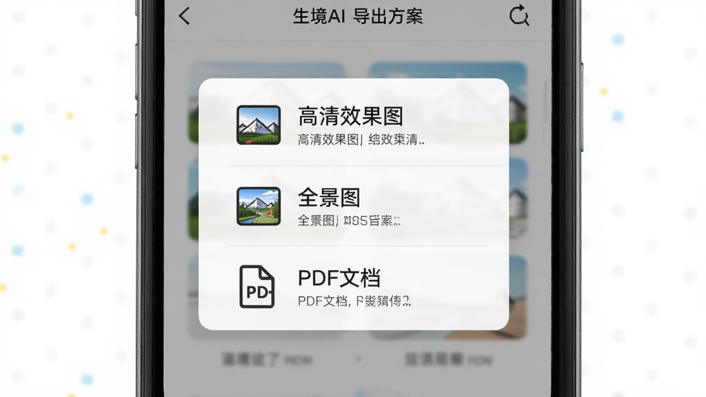 生境AI导出方案界面,画面展示手机屏幕显示导出选项菜单,菜单中包含“高清效果图”“全景图”“PDF文档”等选项,布局为居中弹出式面板,风格为简约商务,细节包含图标和文字说明,画质高清,干净,无多余元素