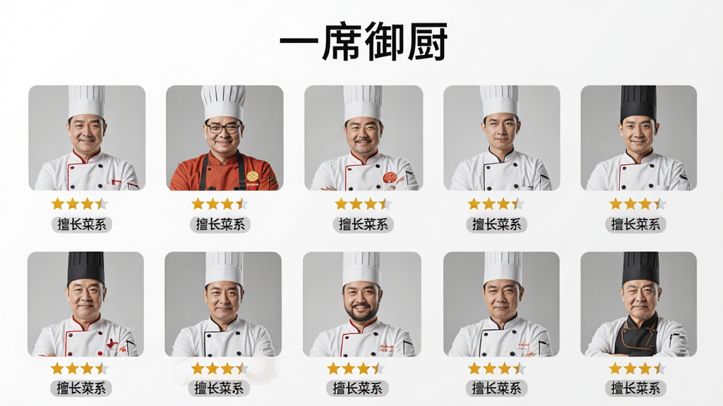 一幅厨师资源展示界面的概念图,画面中多位身穿不同菜系风格厨师服的厨师头像排列成网格状,每位厨师下方有星级评分和擅长菜系标签,背景是简洁的白色与浅灰色,风格清新现代,画质高清干净,画面顶部有文字“一席御厨”,无多余元素