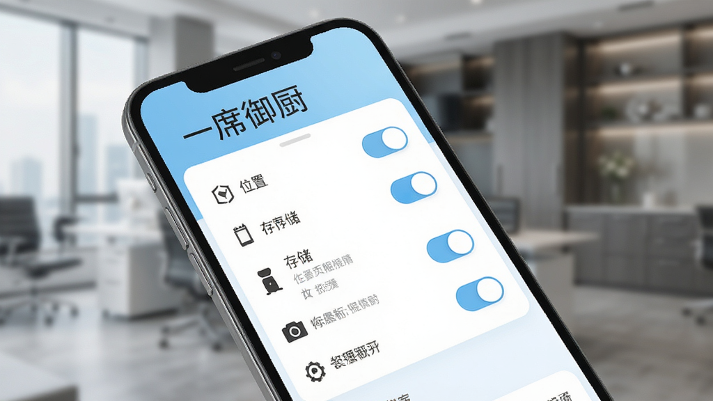 一幅手机安全设置界面的概念图,画面中展示权限管理页面,包含位置、存储、相机等权限开关,界面风格简洁商务,配色以白色和浅蓝色为主,画质高清干净,画面中有文字“一席御厨”,无多余元素