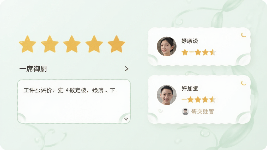 一幅用户评价界面的概念图,画面中展示五星评分组件和文字评价输入框,旁边有已提交的评价卡片显示用户头像和评分星级,背景是柔和的浅绿色,风格清新浅色,画质高清干净,画面中有文字“一席御厨”,无多余元素