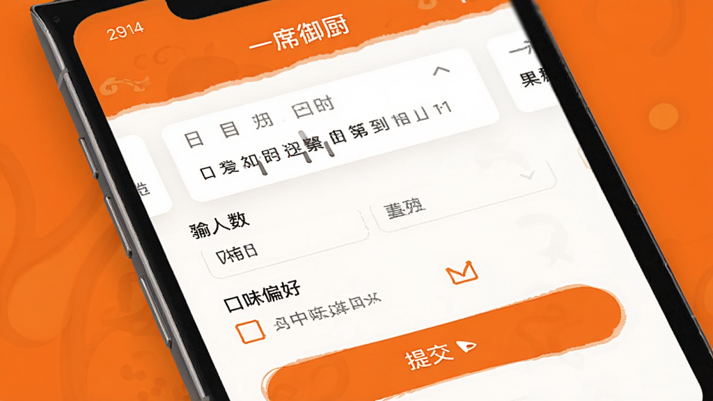 一幅手机APP订单预约流程示意图,画面中展示手机屏幕界面,包含日期选择、人数输入、口味偏好勾选和提交按钮,界面风格简洁友好,配色以橙色和白色为主,画质高清干净,画面中带有文字“一席御厨”,无多余元素