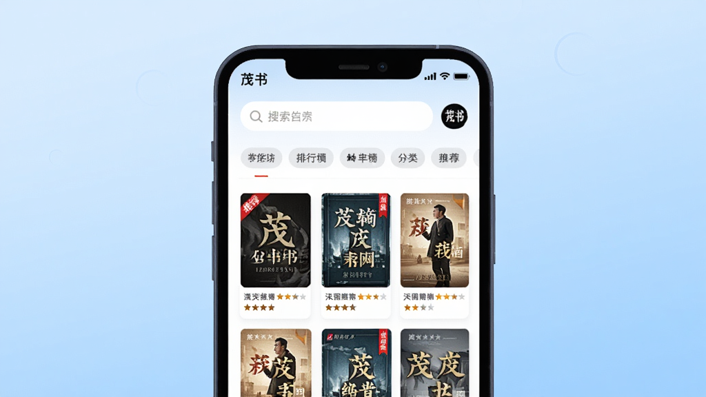 画面中央是一部智能手机,屏幕显示“茂书”APP的书城首页,页面中有多个小说封面排列成网格状,上方有搜索框和分类标签,背景是明亮的浅蓝色渐变,风格为现代扁平化UI插画,细节包括推荐角标、排行榜图标、星星评分,画质清晰,画面干净,无多余元素