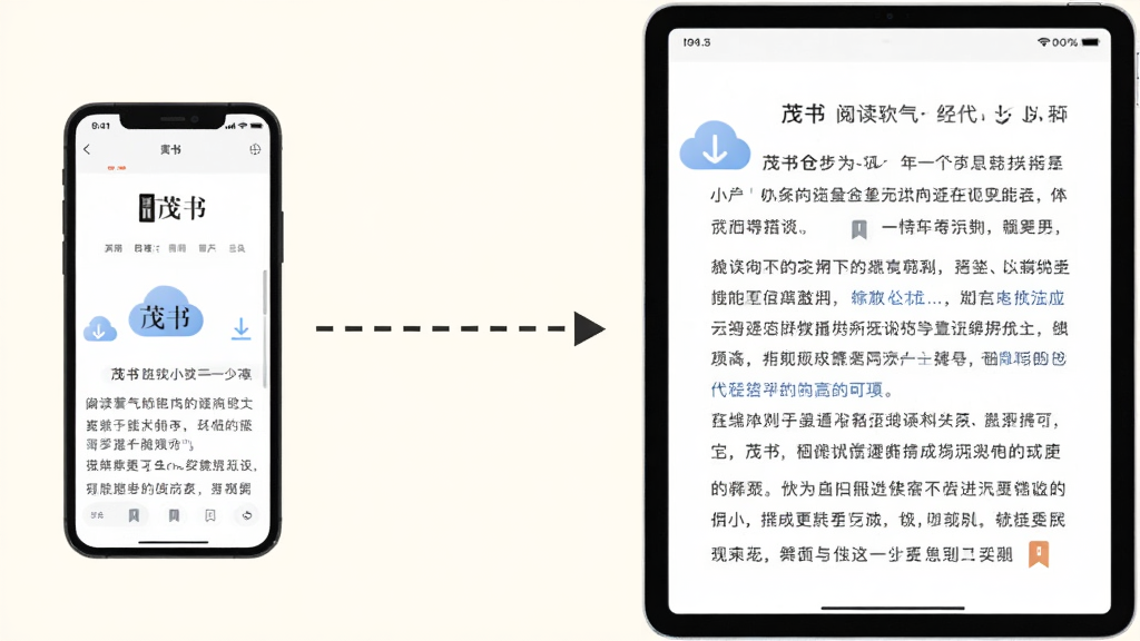 画面左侧是一台手机显示“茂书”阅读界面,右侧是一台平板电脑显示相同的小说章节内容,中间用虚线箭头连接表示同步,背景为柔和的米白色,风格为简约科技插画,细节包括云端图标、下载箭头、书签标记,画质高清,画面干净,无多余元素