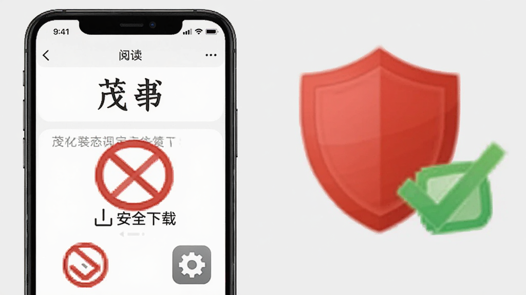 画面中一部手机屏幕显示“茂书”阅读界面,旁边有一个醒目的红色盾牌图标和绿色对勾图标,背景是浅灰色,风格为警示科普插画,布局上手机与图标左右分布,细节包括“安全下载”字样、禁止符号、齿轮设置图标,画质高清,画面干净,无多余元素