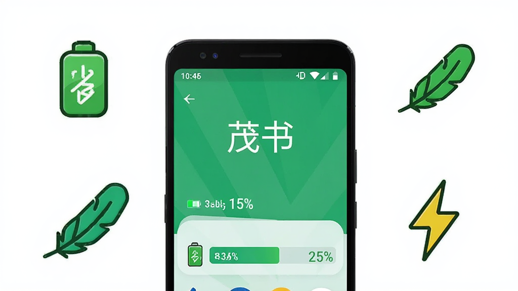 画面展示一部安卓手机正在运行“茂书”APP,手机周围环绕着绿色的省电图标、羽毛图标、闪电图标,背景是纯白色,风格为极简图标插画,布局上手机居中,图标均匀分布在四周,细节包括电池百分比、内存占用条,画质高清,画面干净,无多余元素