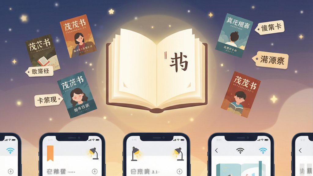 画面上方居中放置一本翻开的发光书籍,书名位置显示“茂书”二字,书籍周围环绕着漂浮的各类小说封面与文字标签,背景是柔和的星空与暖色光晕,整体采用扁平化插画风格,布局上书籍占据视觉中心,下方排列整齐的手机阅读界面截图,风格清新简洁,细节包括书签、护眼台灯图标、WiFi信号图标,画质高清,画面干净,无多余元素