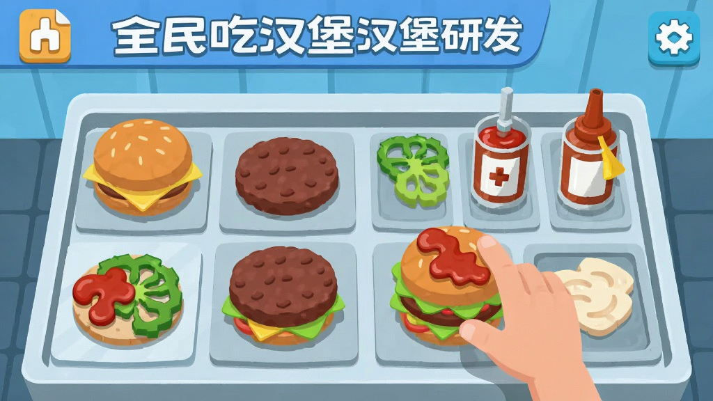 全民吃汉堡汉堡研发界面,画面中央是操作台,上面摆放着面包、肉饼、蔬菜、酱料等食材,玩家正在拖拽食材制作汉堡,风格为卡通扁平化,画质清晰,干净无多余元素