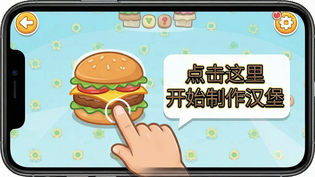 全民吃汉堡新手教程截图,画面展示手机屏幕中游戏界面,有手指点击引导图标,旁边有文字提示“点击这里开始制作汉堡”,风格为卡通教学,画质清晰,干净无多余元素