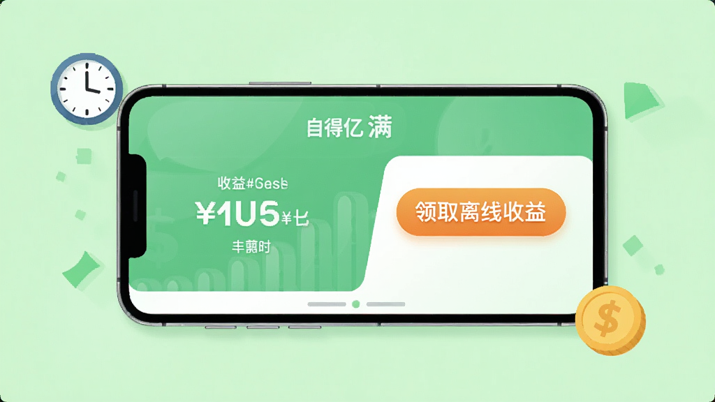 画面中央展示一部手机正在运行自得亿满,屏幕左侧显示收益数字在缓慢增长,右侧有一个醒目的“领取离线收益”按钮,背景为清爽的淡绿色,布局为手机正面平放视角,风格为扁平化UI展示图,细节上手机周围有小巧的时钟和金币图标,画质为高清,干净无多余元素