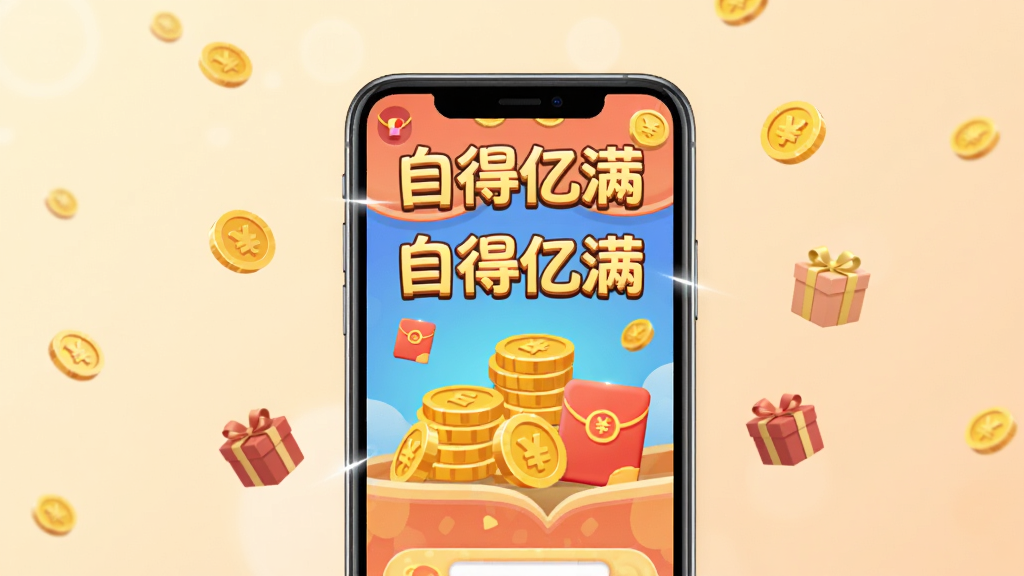 画面中央放置一部智能手机,屏幕上显示自得亿满小游戏主界面,界面中有金币堆叠和红包图标,背景为柔和的浅橙色渐变,周围漂浮着小型金币和礼盒装饰元素,整体布局为居中构图,风格为扁平化卡通插画,细节上手机边缘有轻微高光,屏幕内文字清晰显示“自得亿满”,画质为高清4K,干净无多余元素