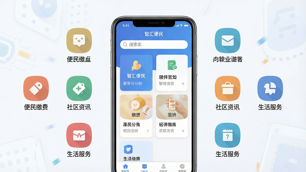 一张展示智汇便民软件核心全貌的宣传图,主体是一部智能手机屏幕显示智汇便民应用首页界面,布局为居中构图,手机两侧环绕便民缴费、社区资讯、生活服务等小图标,排版简洁有序,风格为现代扁平化科技风,细节上屏幕内包含清晰的卡片式功能入口和顶部搜索栏,画质高清,画面干净,无多余元素