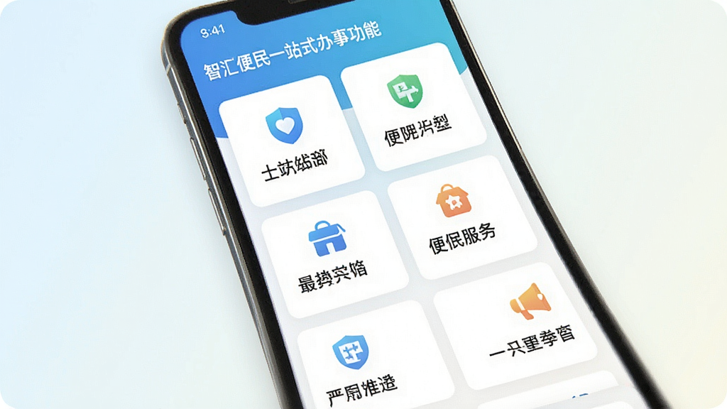 一张展示智汇便民一站式办事功能的界面示意图,主体为手机屏幕中多个便民服务卡片整齐排列,布局采用网格状排版,风格为清新简约的UI设计风,细节上每个卡片带有图标与文字标签,背景为浅色渐变,画质高清,干净整洁,无多余元素