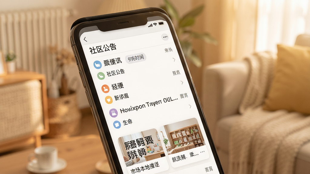 一张展示智汇便民本地资讯推送功能的场景图,主体是手机屏幕显示社区公告列表和新闻卡片,布局为上下滑动式信息流排版,风格为温暖生活化风格,细节上包含时间标签和分类图标,背景为柔和暖色调,画质清晰,画面干净,无多余元素