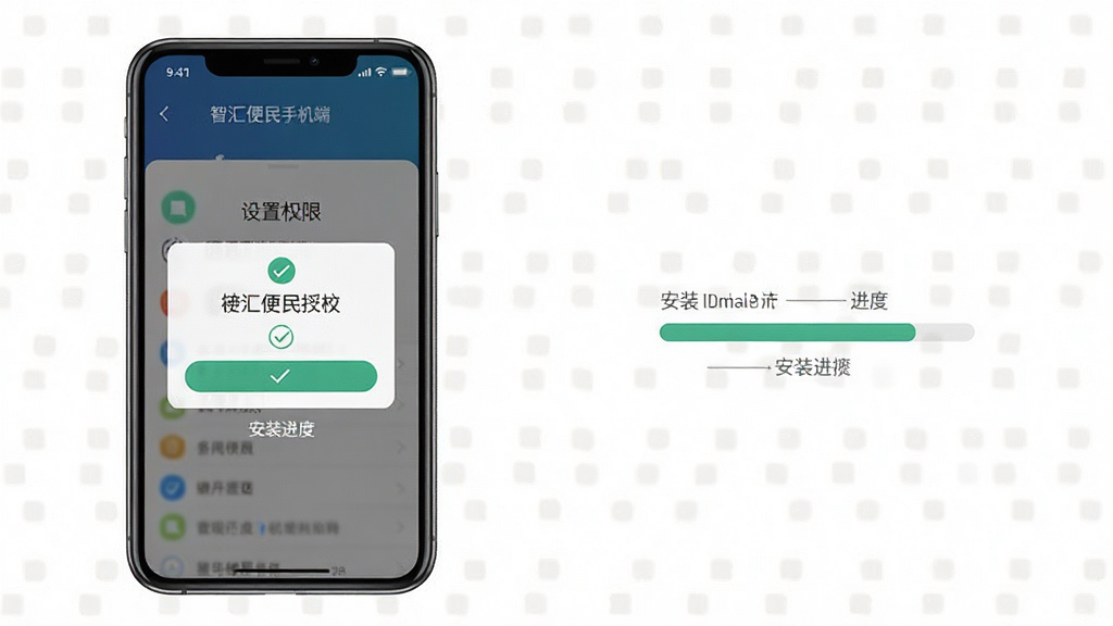 一张展示智汇便民手机端安装设置步骤的示意图,主体为手机屏幕显示权限授权弹窗和安装进度条,布局为左右分栏对比排版,风格为简洁教程风,细节上包含勾选按钮和提示文字,背景为纯白,画质高清,干净利落,无多余元素