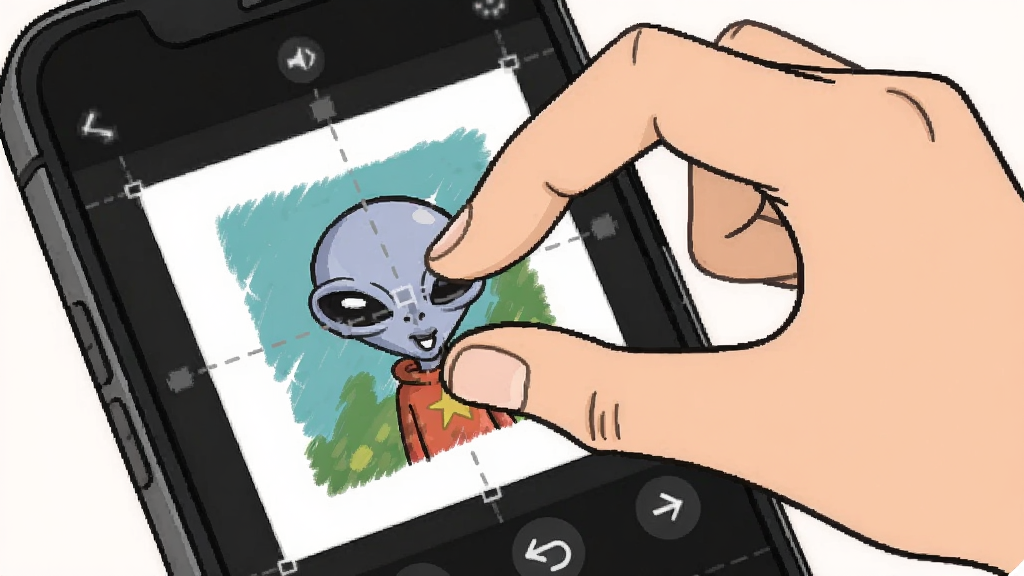 画星人插画手势操作示意图,一只手在手机屏幕上双指捏合缩放画布,画布上是一幅半成品插画,界面有撤销箭头提示,风格直观,细节清晰,画质干净,无多余元素