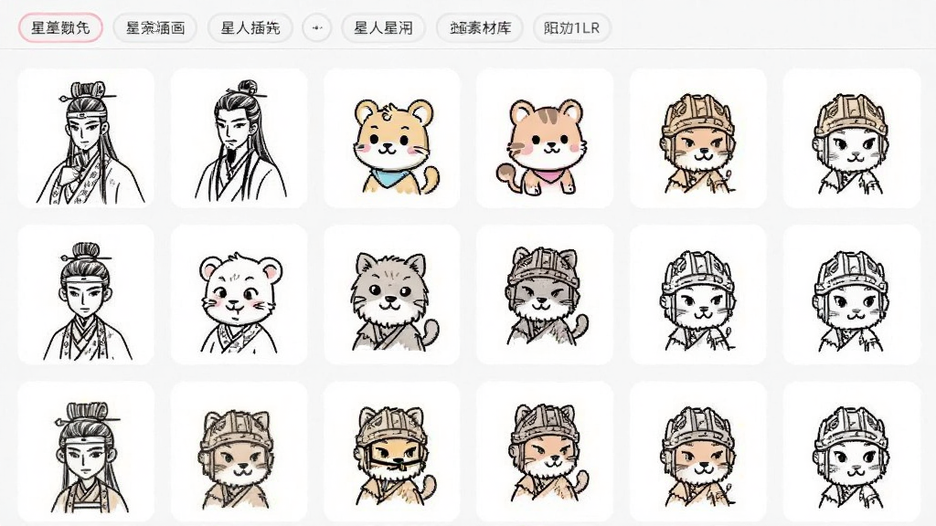 画星人插画素材库界面,网格排列的线稿缩略图,分类标签在顶部,有古风人物、卡通动物等预览图,界面干净,风格清新,画质清晰,无多余元素