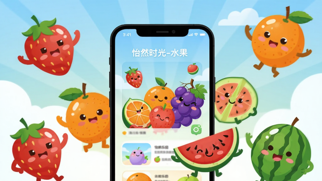 一幅清新明快的水果主题数字插画,画面中央是一台智能手机,手机屏幕上显示着色彩缤纷的水果乐园界面,周围环绕着草莓、橙子、葡萄、西瓜等卡通水果角色,它们面带微笑、姿态活泼,背景是柔和的渐变蓝天与白云,整体布局采用中心向外辐射的构图方式,风格为扁平化卡通插画,细节上水果表面有高光与阴影处理,屏幕中隐约可见“怡然时光-水果”字样,画质清晰干净,无多余元素