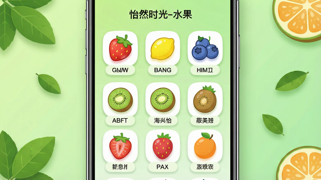 一张以“怡然时光-水果”为主题的应用界面展示图,画面主体是一部手机正中央显示着水果主题的应用主界面,界面中排列着草莓、柠檬、蓝莓、猕猴桃等卡通水果图标,每个图标下方带有圆角标签,背景为浅绿色渐变,周围散落着几片绿叶和水果切片作为装饰,整体布局规整、层次分明,风格为现代扁平化UI设计,细节上图标有微妙的投影和光泽感,画质高清干净,无多余元素