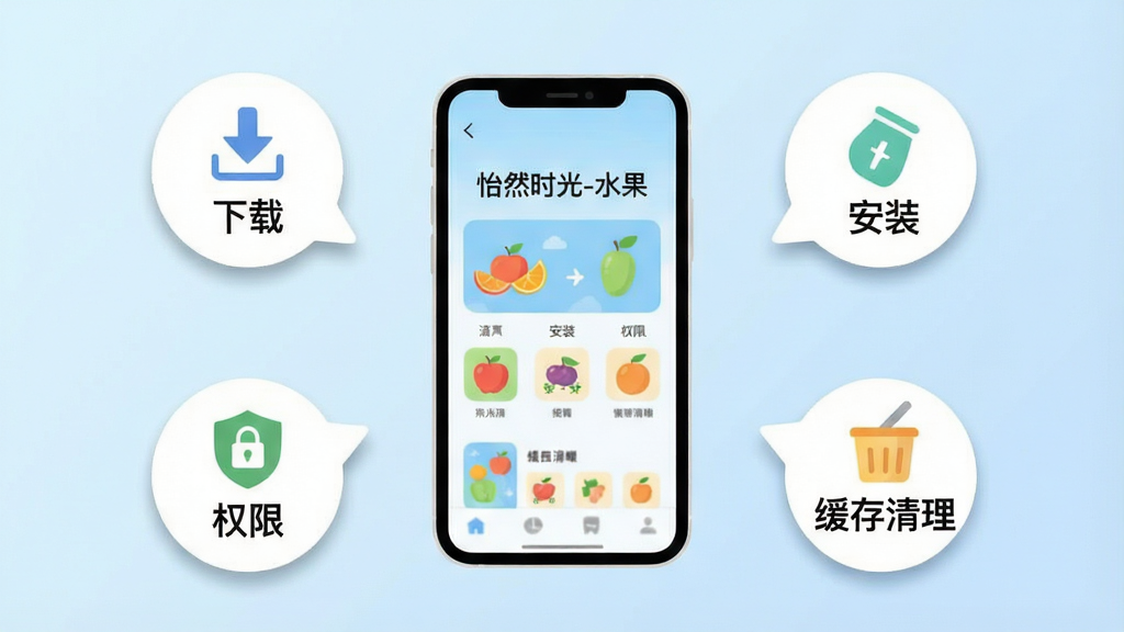 一幅以“怡然时光-水果”新手使用指南为主题的插画,画面中央是一部手机,手机屏幕上显示着应用的主界面,手机周围环绕着几个带有图标提示的圆形气泡,分别标注着“下载”“安装”“权限”“缓存清理”等字样,背景为柔和的浅蓝色渐变,布局采用中心发散式构图,风格为简洁的扁平化信息图风格,细节上气泡有轻微的阴影和圆角处理,画质清晰干净,无多余元素