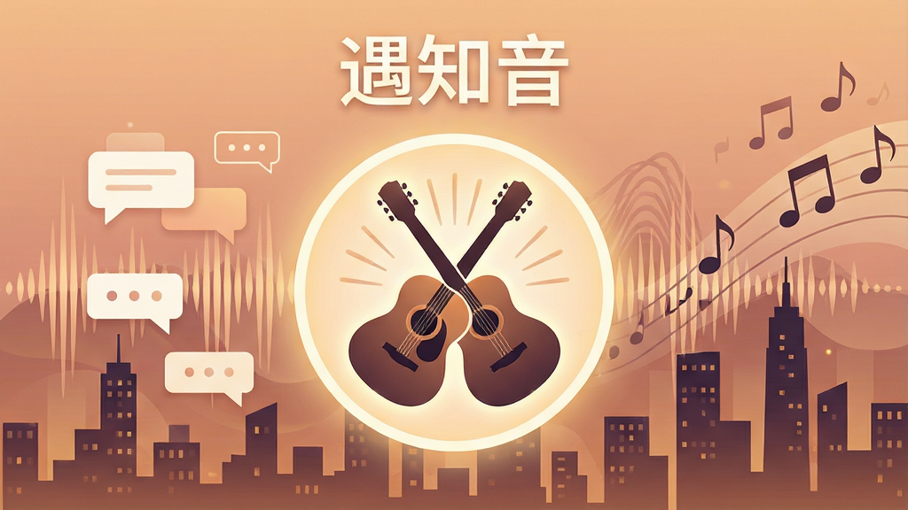 整体画面以柔和的暖色调为主,中心位置放置一个发光的圆形图标,图标内部是两把交织的吉他剪影,象征音乐与知音相遇。背景是抽象的声波纹理与城市夜景剪影融合,画面左侧漂浮着几个简约的聊天气泡,右侧有音符飘散。风格为现代扁平插画,细节精致,画质高清,画面干净,无多余元素,顶部有文字“遇知音”字样。
