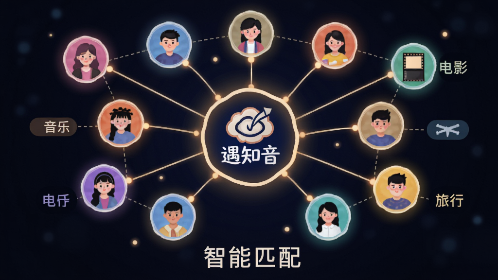 画面中心是一个由光线连接的用户头像网络图,每个头像代表不同兴趣标签,如音乐、电影、旅行。布局呈放射状,中心是“遇知音”的Logo。风格为科技感与温暖感结合的插画,细节包括柔和的光晕和连接线,画质清晰,干净无杂乱元素,文字“智能匹配”置于底部。