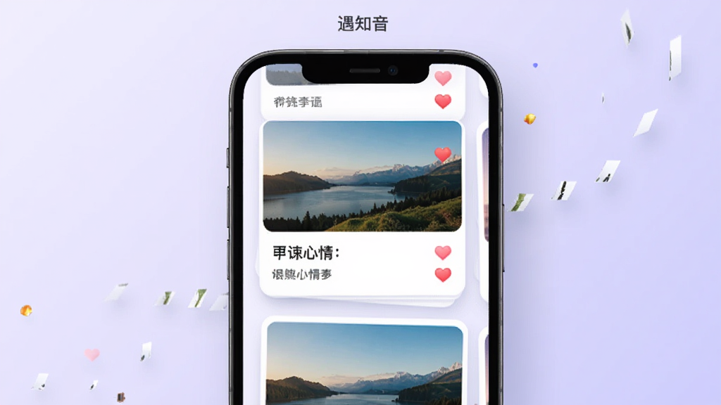 主体是一个手机屏幕样机,屏幕内显示瀑布流式的动态卡片,卡片上有风景照、心情文字和点赞爱心。布局为居中展示,背景是淡紫色渐变。风格为简约UI展示图,细节包括柔和的阴影和圆角设计,画质细腻,画面干净,顶部有“遇知音”小字。