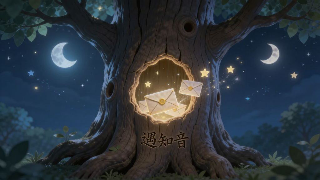 画面描绘一个静谧的夜晚,一棵巨大的老树树干上有一个发光的树洞,树洞中飘出信件和光点。布局以树为中心,周围有星星和月亮。风格为梦幻童话插画,细节有木质纹理和柔和月光,画质唯美干净,树干上刻有“遇知音”字样。