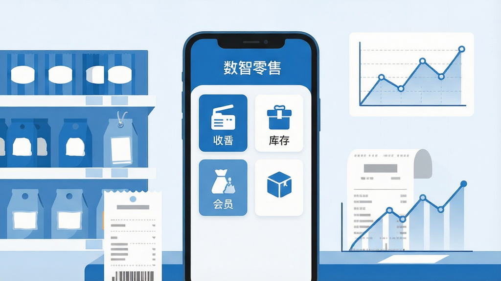 画面中央摆放一部智能手机,手机屏幕上展示“数智零售”应用界面,界面上有收银、库存、会员、报表等模块图标,手机周围环绕超市货架、商品标签、收银小票、数据折线图等零售元素,整体采用商务蓝与白色配色,扁平化科技风格,布局简洁清晰,细节干净,画质高清,无多余元素
