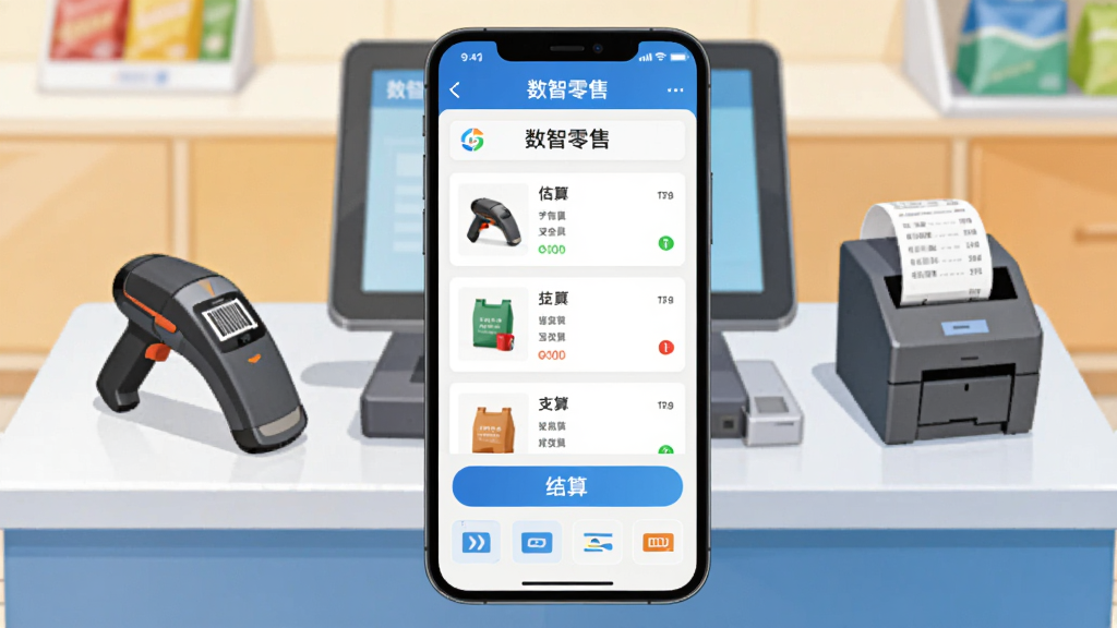 一部智能手机展示“数智零售”收银界面,界面中有商品列表、结算按钮、支付方式图标,背景是整洁的便利店收银台,收银台上摆放扫码枪和小票打印机,整体风格明亮商务,扁平插画风,布局居中,细节清晰,画质干净,无多余元素